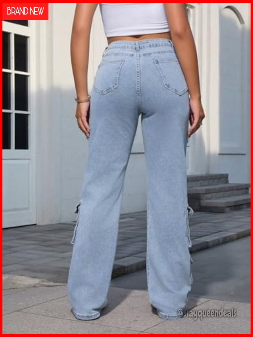 Baggy Cargo Jean High Waisted Y2K Distressed Wide Leg Denim Pants Multi Pockets - Picture 5 of 7